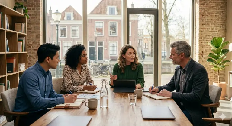 Vier professionals zitten aan een tafel in gesprek. Een vrouw in een groene trui leidt het gesprek, de anderen luisteren aandachtig. Op de achtergrond een Nederlandse gracht.